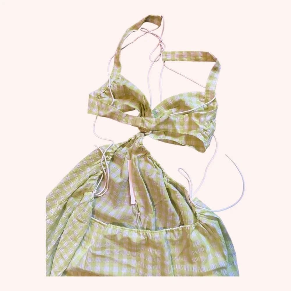 For Love & Lemons Green Gingham Halter Cut Out Maureen Midi Dress NWY Size L